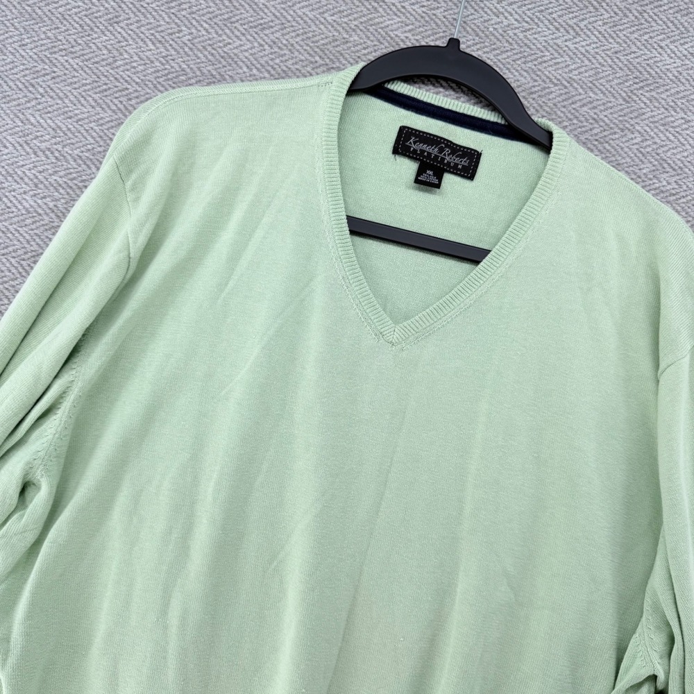 Kenneth Roberts Platinum Sweater XXL Green Silk Cotton V-Neck Knit Pullover Mens